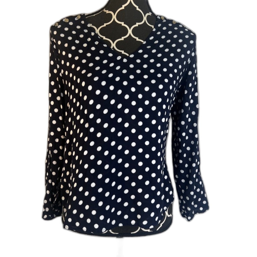 Ann Taylor Polka Dot Blouse Vneck Button Shoulder Size MP Blue Office Work